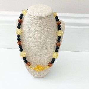 NWT Genuine Amber & Black Onyx Beads Beaded Necklace Orange Yellow Black